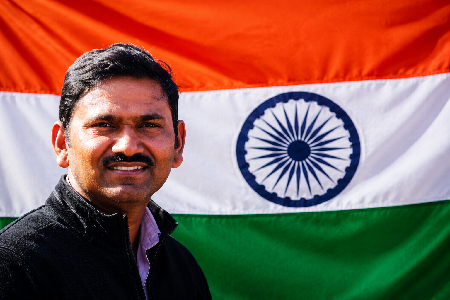 Bhanwar Lal Swami standing in front of the Indian flag